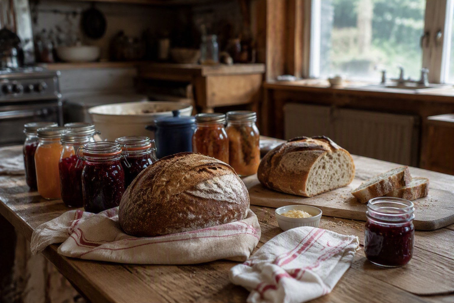 Small-batch sourdough bread and preserves arranged in a rustic farm kitchen.
