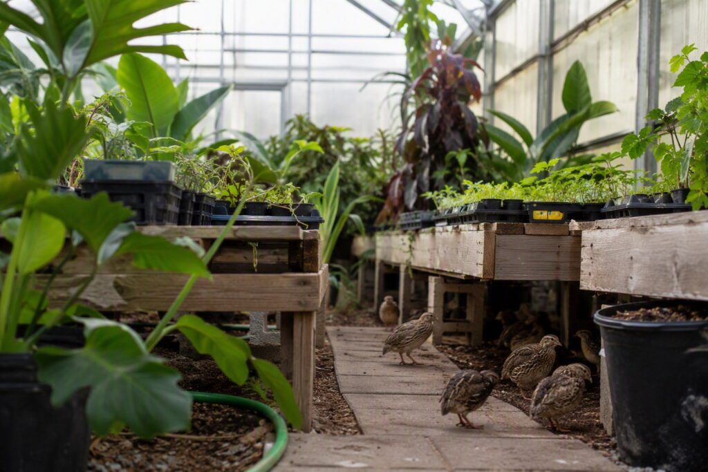 Coturnix quail living beneath greenhouse benches surrounded by tropical plants, herbs and seedlings