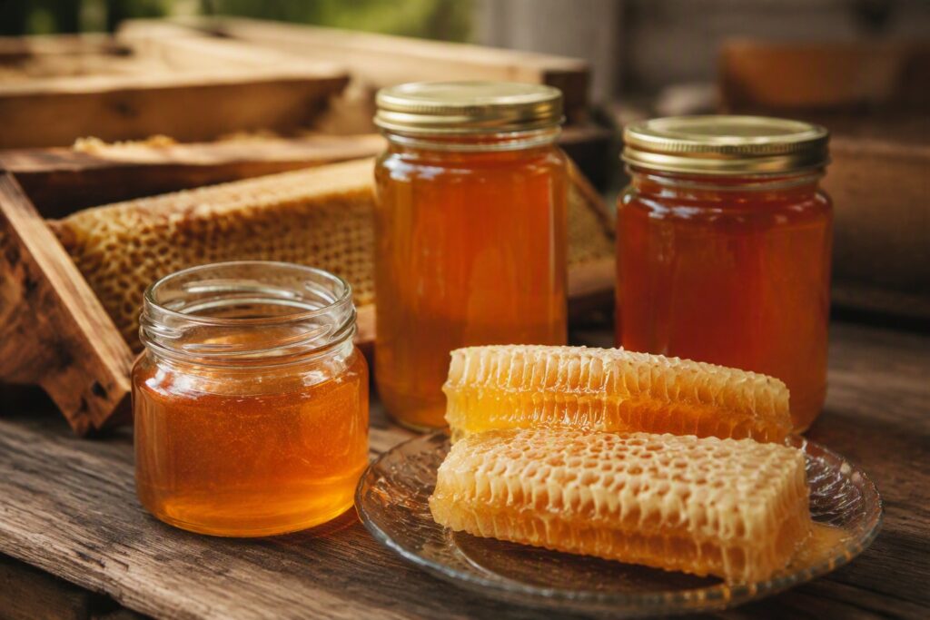 Jars of golden honey with honeycomb and wooden hive frames